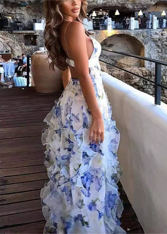 Celeste Cascade - Robe Maxi à Volants Florale