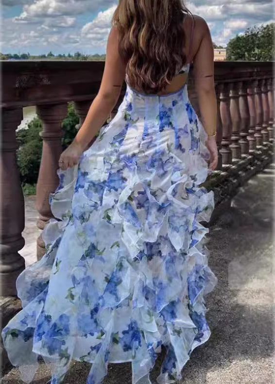 Celeste Cascade - Robe Maxi à Volants Florale