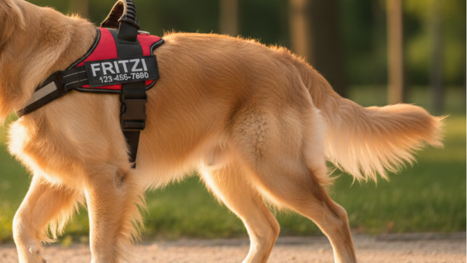 Dog wearing a harness with 'Fritz!' on it, walking outdoors.