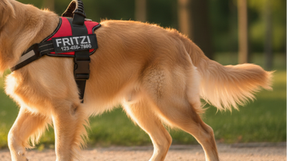 Dog wearing a harness with 'Fritz!' on it, walking outdoors.