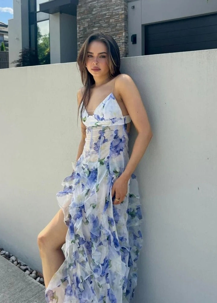 Celeste Cascade - Robe Maxi à Volants Florale