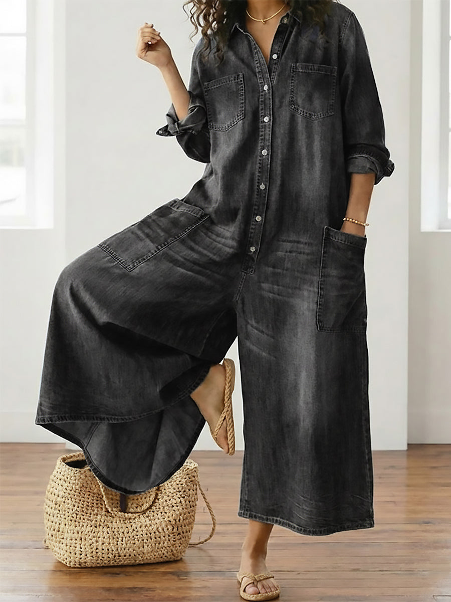 Womens Washed Dark Denim Pocket Button Down Jumpsuit