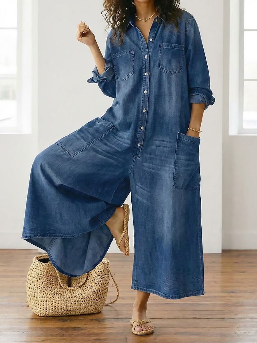 Womens Washed Dark Denim Pocket Button Down Jumpsuit